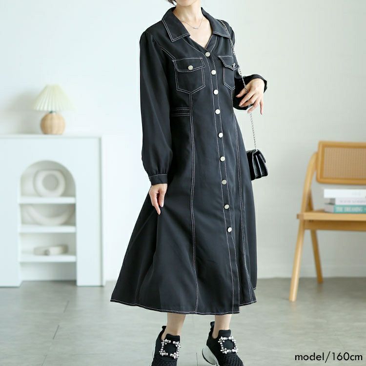 大きいサイズ レディース バイカラーロングシャツワンピース　goldy-1588