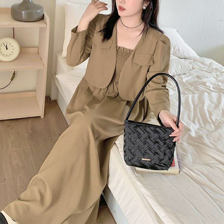 大きいサイズ レディース ノーカラージャケット＆シャーリングキャミワンピセット　goldy-1584