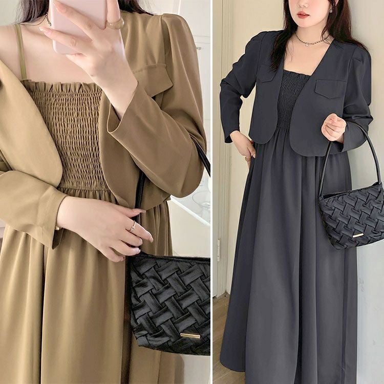 大きいサイズ レディース ノーカラージャケット＆シャーリングキャミワンピセット　goldy-1584