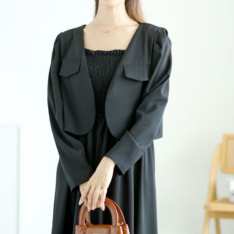 大きいサイズ レディース ノーカラージャケット＆シャーリングキャミワンピセット　goldy-1584