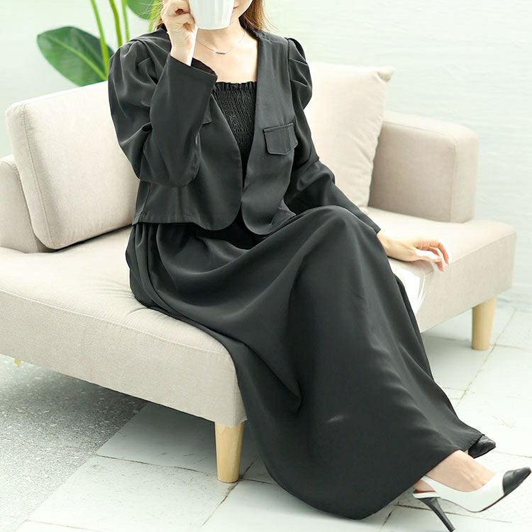 大きいサイズ レディース ノーカラージャケット＆シャーリングキャミワンピセット　goldy-1584