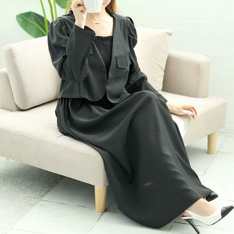 大きいサイズ レディース ノーカラージャケット＆シャーリングキャミワンピセット　goldy-1584 ブラック