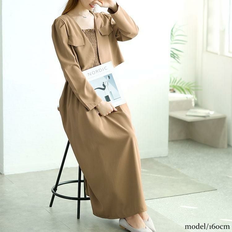 大きいサイズ レディース ノーカラージャケット＆シャーリングキャミワンピセット　goldy-1584 カーキ
