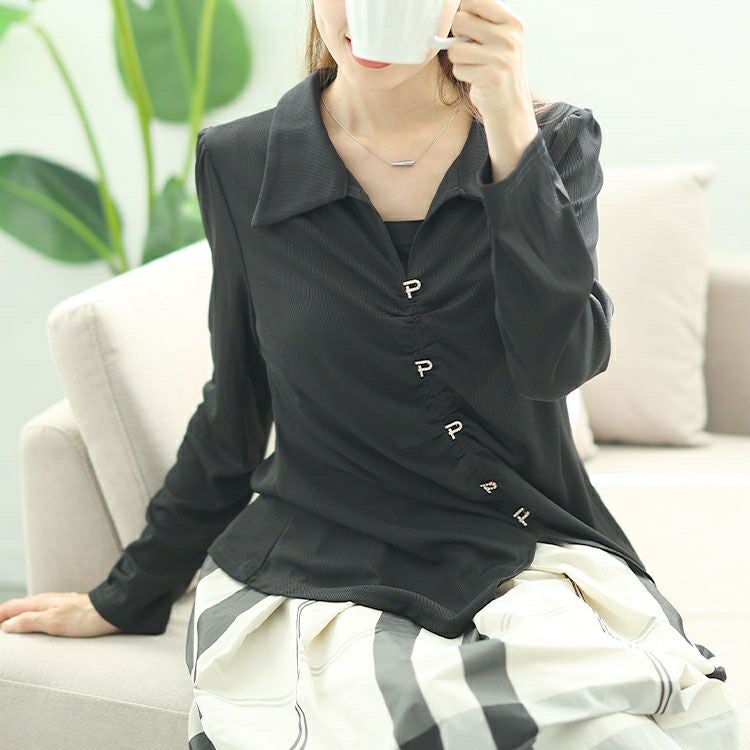 大きいサイズ レディース フェイクボタンスキッパーブラウス　goldy-1582