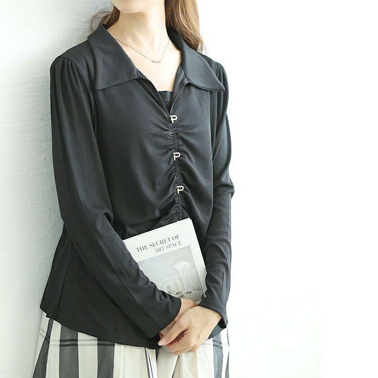 大きいサイズ レディース フェイクボタンスキッパーブラウス　goldy-1582