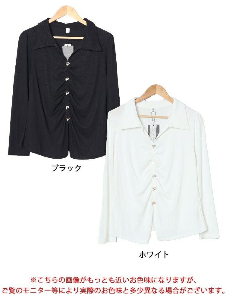 大きいサイズ レディース フェイクボタンスキッパーブラウス　goldy-1582