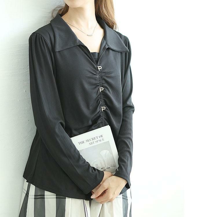 大きいサイズ レディース フェイクボタンスキッパーブラウス　goldy-1582 ブラック