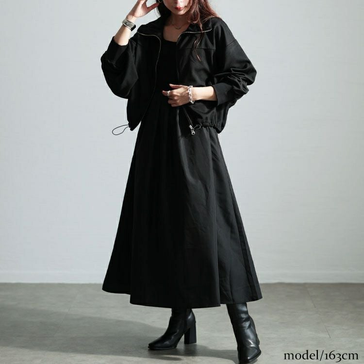 大きいサイズ レディース クロップドブルゾン＆異素材ノースリーブワンピース2点セット　nw-24029