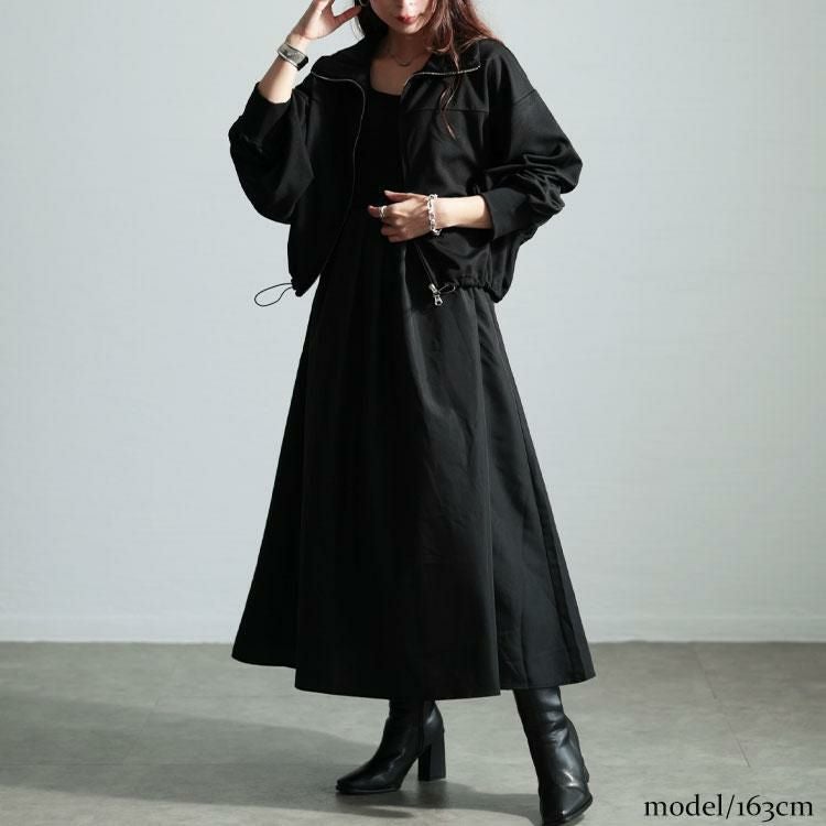 大きいサイズ レディース クロップドブルゾン＆異素材ノースリーブワンピース2点セット　nw-24029 ブラック