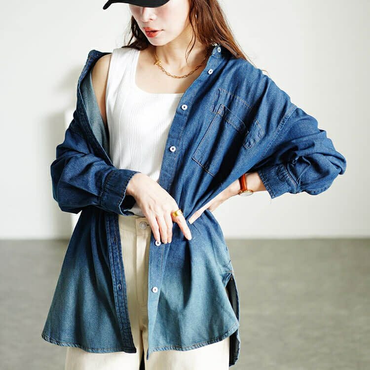 大きいサイズ レディース 裾グラデ長袖コットンデニムシャツ　wd-0399