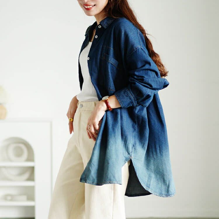 大きいサイズ レディース 裾グラデ長袖コットンデニムシャツ　wd-0399