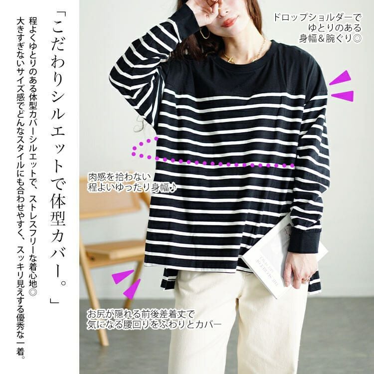 大きいサイズ レディース ラウンドネックパネルボーダー長袖Tシャツ　wk-0492 【メール便可】