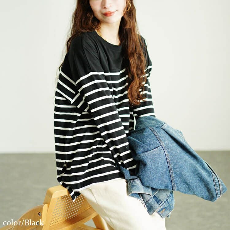 大きいサイズ レディース ラウンドネックパネルボーダー長袖Tシャツ　wk-0492 【メール便可】