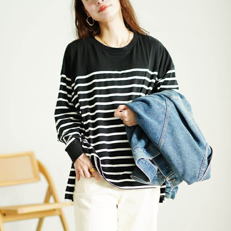 大きいサイズ レディース ラウンドネックパネルボーダー長袖Tシャツ　wk-0492 【メール便可】