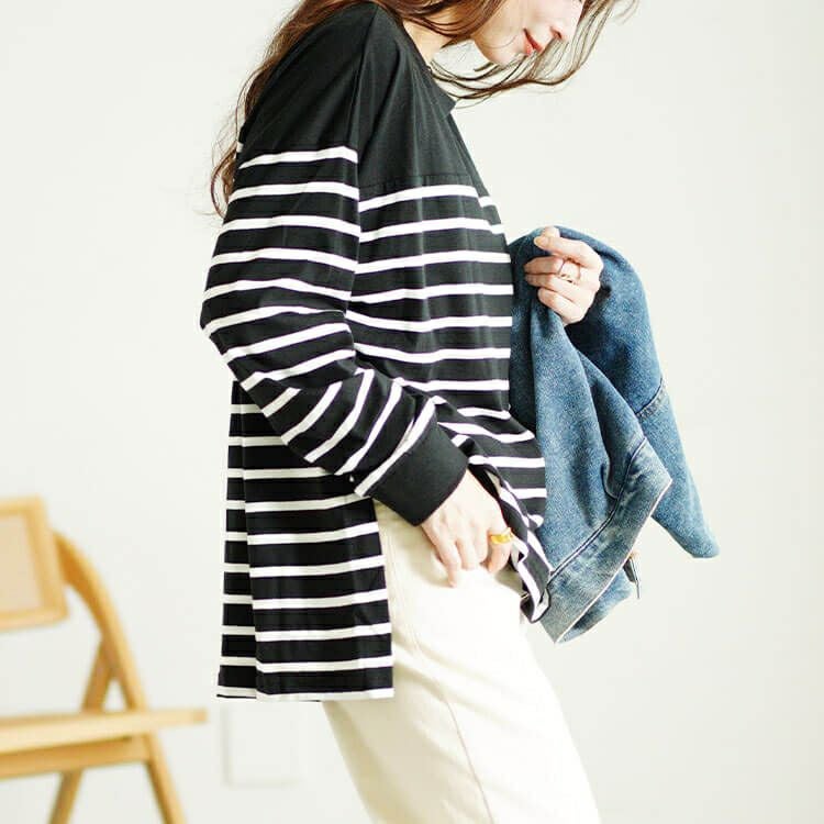 大きいサイズ レディース ラウンドネックパネルボーダー長袖Tシャツ　wk-0492 【メール便可】