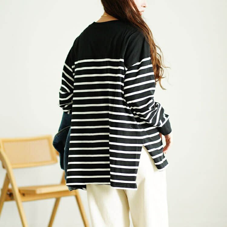 大きいサイズ レディース ラウンドネックパネルボーダー長袖Tシャツ　wk-0492 【メール便可】