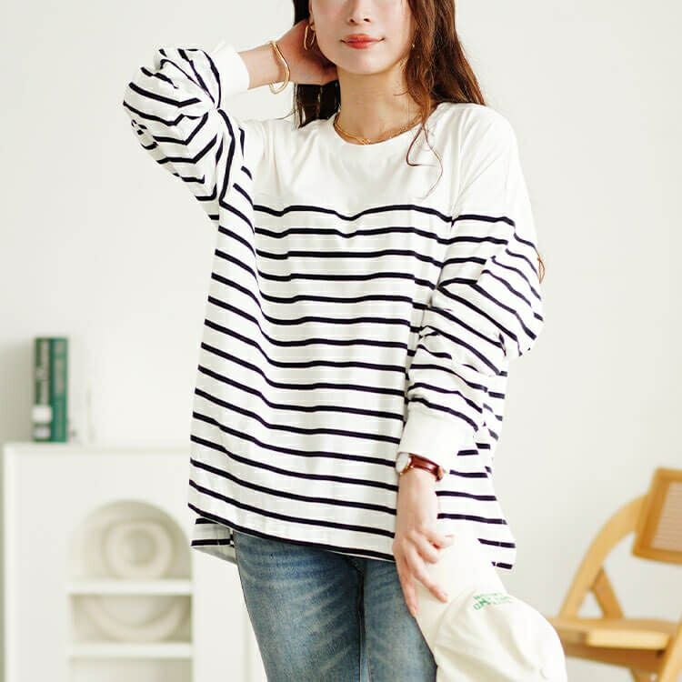 大きいサイズ レディース ラウンドネックパネルボーダー長袖Tシャツ　wk-0492 【メール便可】