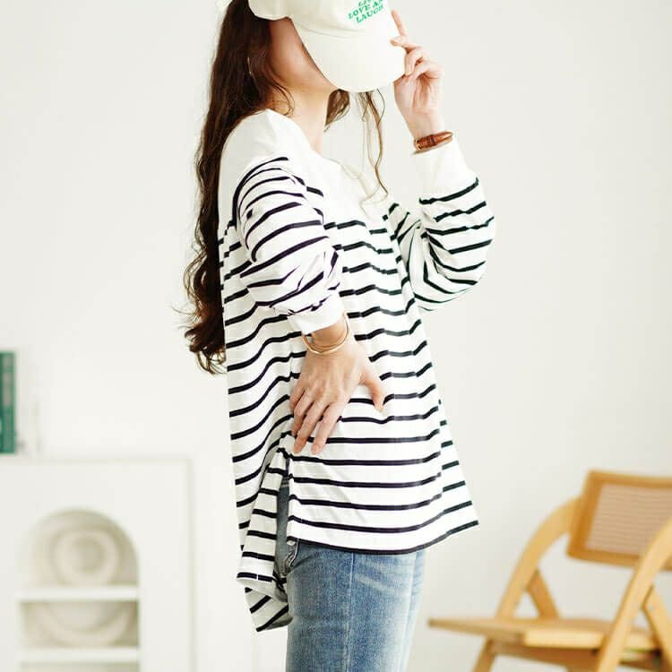 大きいサイズ レディース ラウンドネックパネルボーダー長袖Tシャツ　wk-0492 【メール便可】