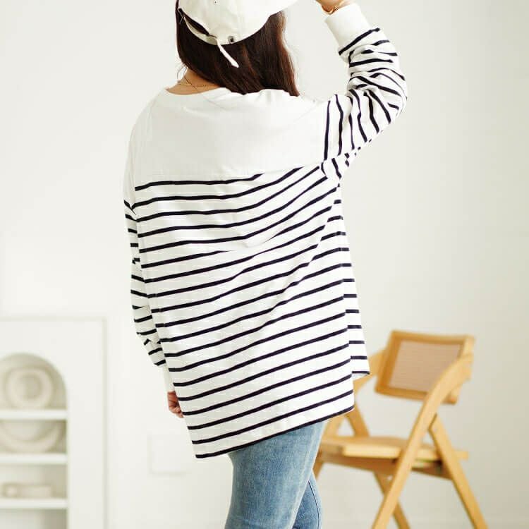 大きいサイズ レディース ラウンドネックパネルボーダー長袖Tシャツ　wk-0492 【メール便可】