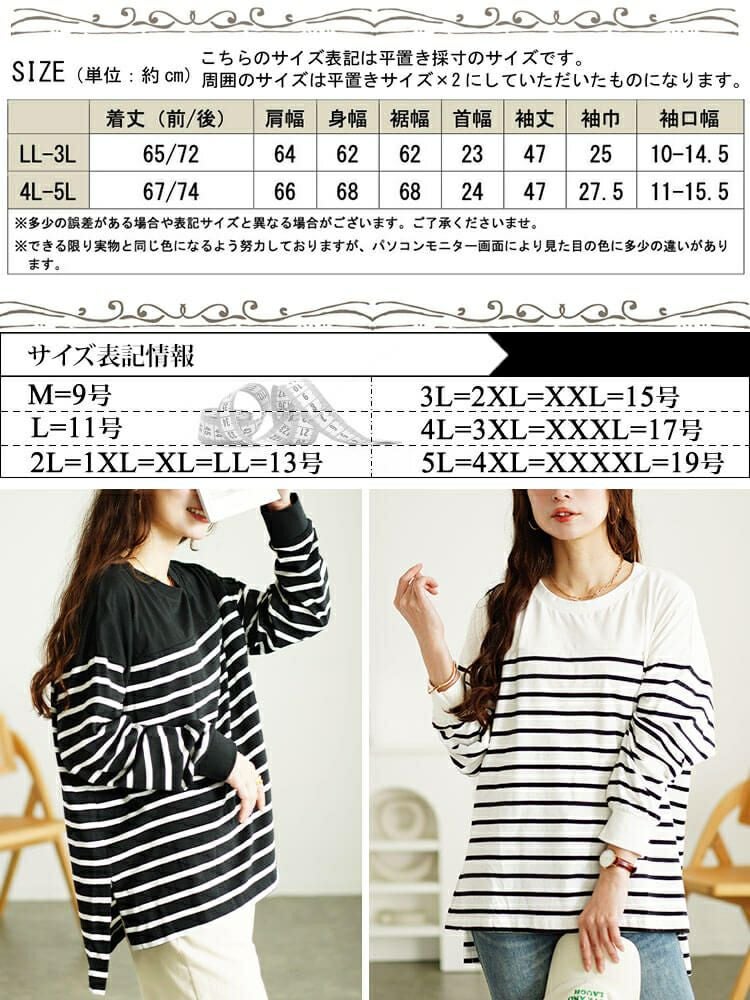 大きいサイズ レディース ラウンドネックパネルボーダー長袖Tシャツ　wk-0492 【メール便可】