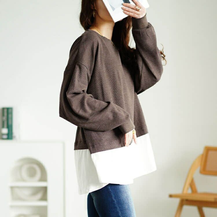 大きいサイズ レディース フェイクレイヤードワッフルプルオーバー　wk-0488 【メール便可】