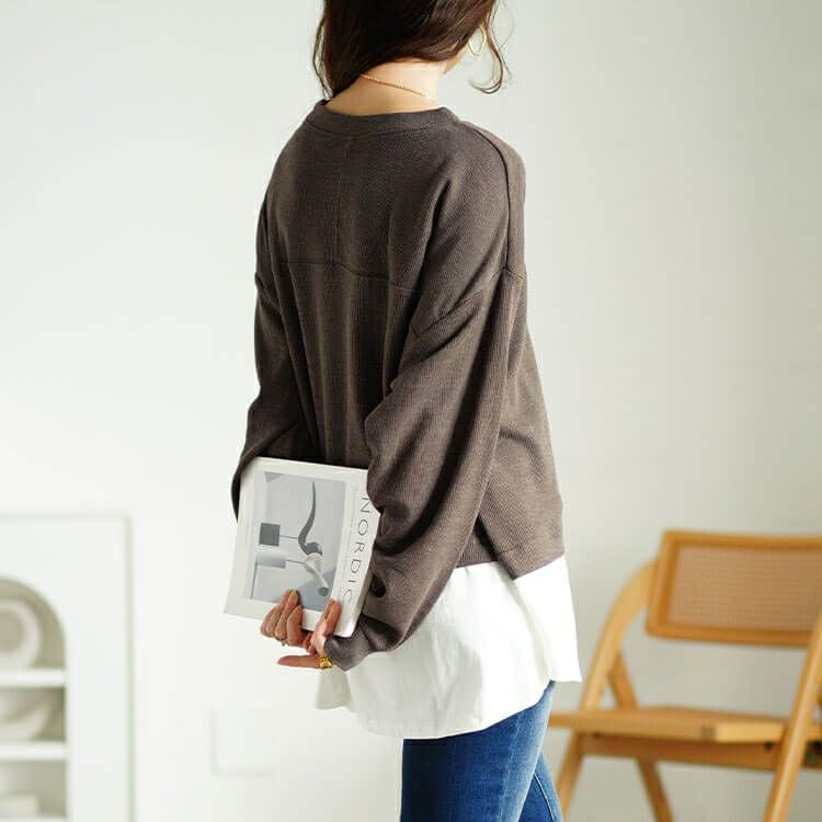 大きいサイズ レディース フェイクレイヤードワッフルプルオーバー　wk-0488 【メール便可】