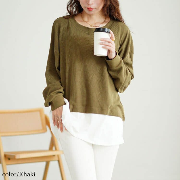 大きいサイズ レディース フェイクレイヤードワッフルプルオーバー　wk-0488 【メール便可】