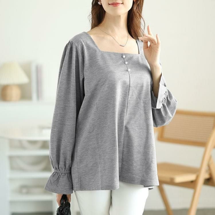 大きいサイズ レディース キャンディースリーブパールボタンカットソー　fem-535 杢グレー