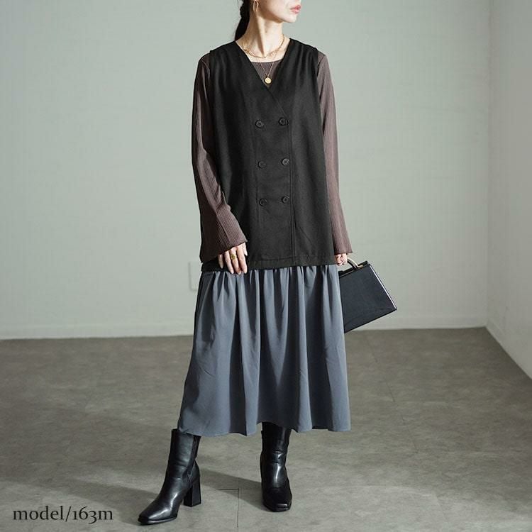 大きいサイズ レディース ドッキングベストノースリーブワンピース　fem-527 グレー×ブラック