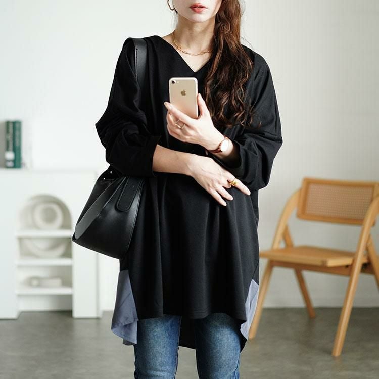 大きいサイズ レディース バイカラー切り替えコクーンチュニック　fem-537 ブラック