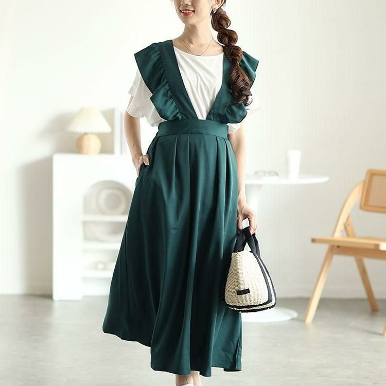 大きいサイズ レディース フリルジャンパースカート　fem-536 ダークグリーン