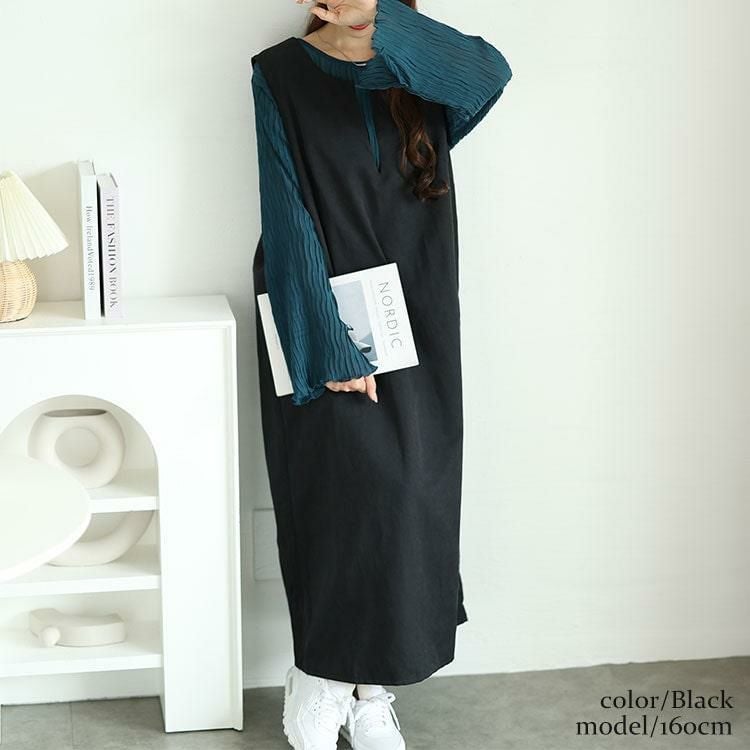 大きいサイズ レディース 深キーネックジャンパースカート　fem-532 【メール便可】 ブラック