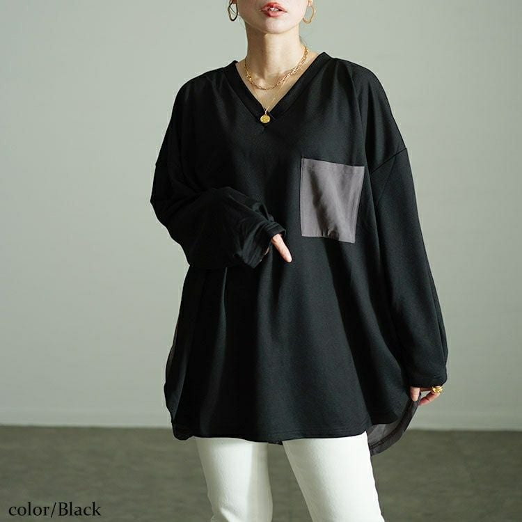 大きいサイズ レディース バックボタン異素材切り替えプルオーバー　fem-530