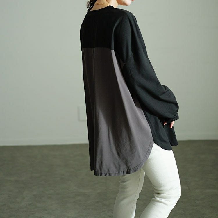 大きいサイズ レディース バックボタン異素材切り替えプルオーバー　fem-530