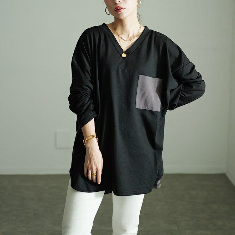 大きいサイズ レディース バックボタン異素材切り替えプルオーバー　fem-530