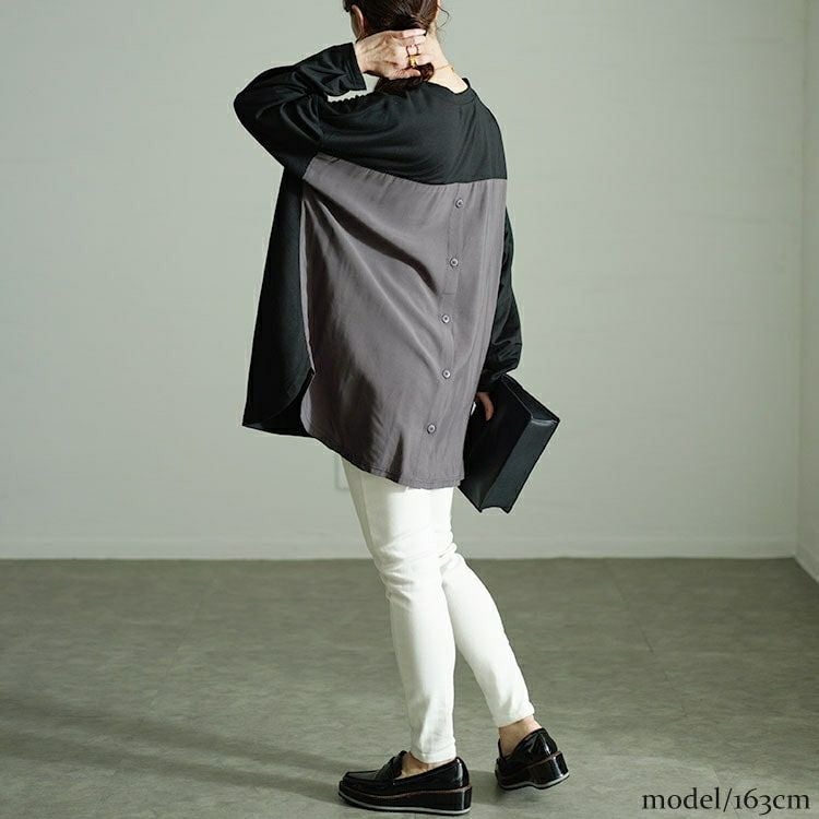 大きいサイズ レディース バックボタン異素材切り替えプルオーバー　fem-530