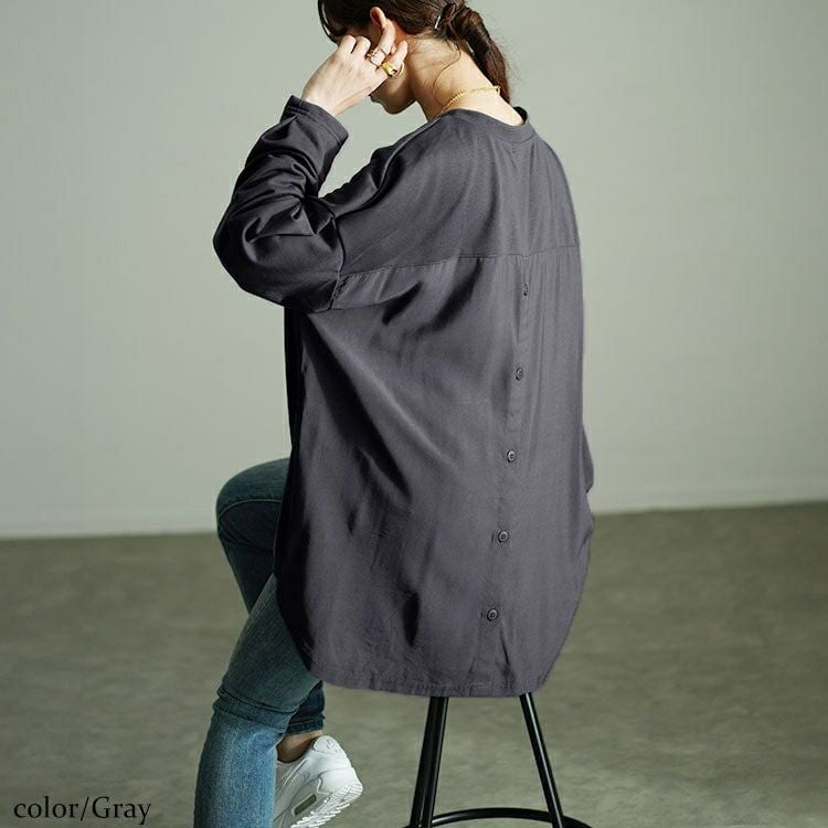 大きいサイズ レディース バックボタン異素材切り替えプルオーバー　fem-530