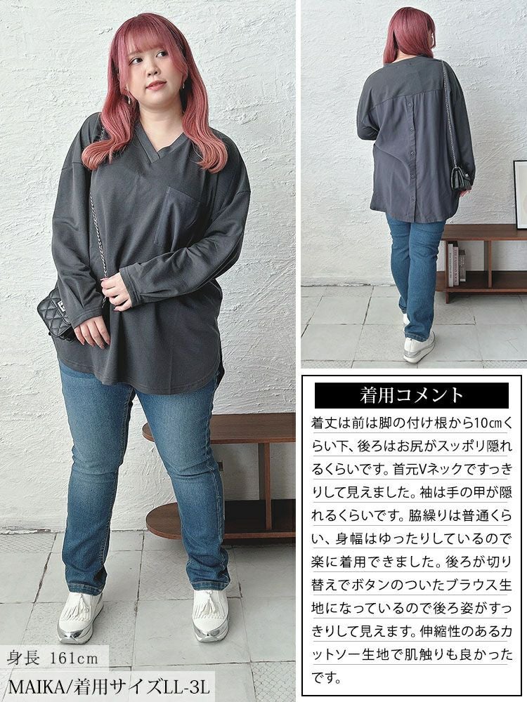 大きいサイズ レディース バックボタン異素材切り替えプルオーバー　fem-530