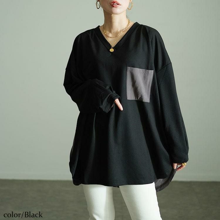 大きいサイズ レディース バックボタン異素材切り替えプルオーバー　fem-530 ブラック