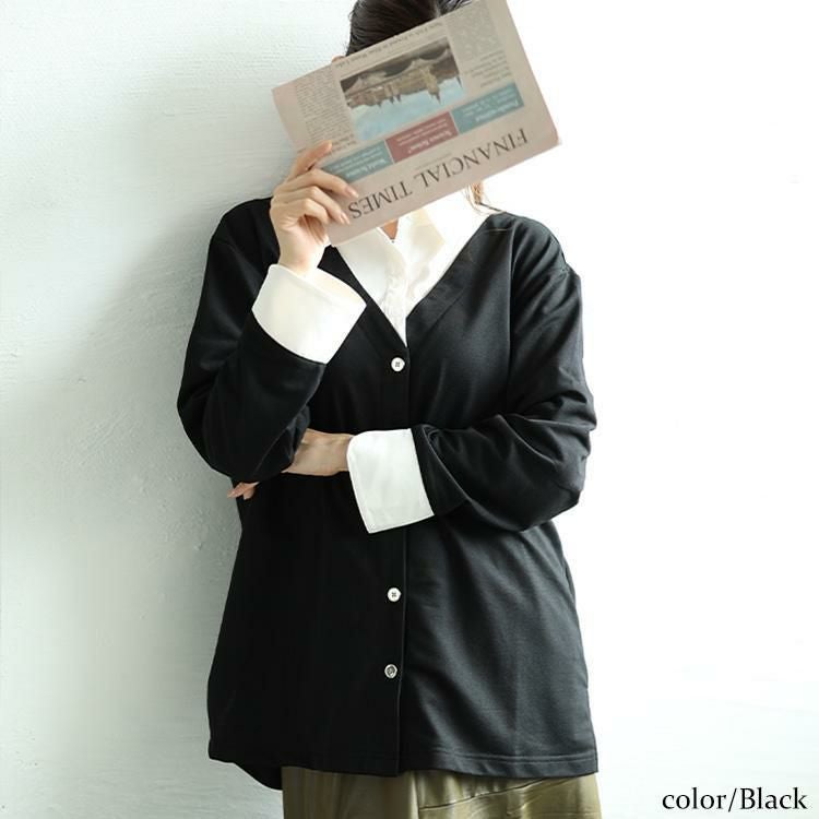 大きいサイズ レディース シャツフェイクカーディガン　fem-517 ブラック