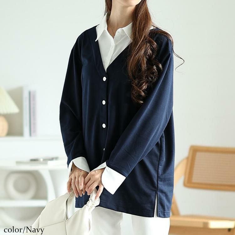 大きいサイズ レディース シャツフェイクカーディガン　fem-517 ネイビー