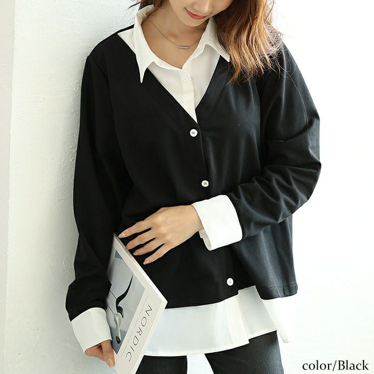 大きいサイズ レディース ラウンドカットシャツフェイクカーディガン　fem-516