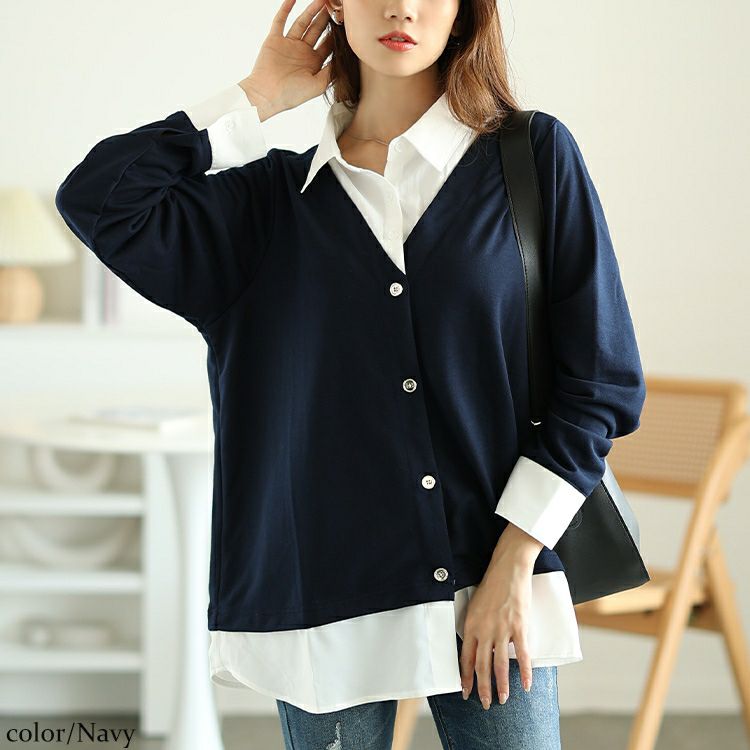 大きいサイズ レディース ラウンドカットシャツフェイクカーディガン　fem-516