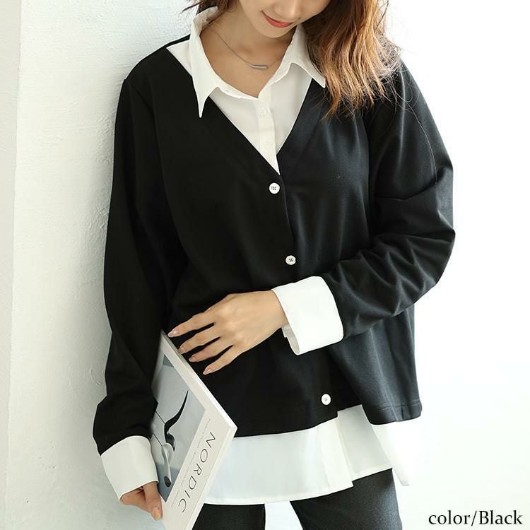 大きいサイズ レディース ラウンドカットシャツフェイクカーディガン　fem-516 ブラック