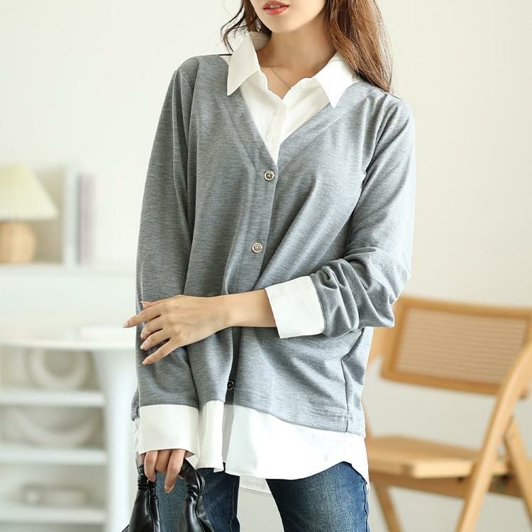 大きいサイズ レディース ラウンドカットシャツフェイクカーディガン　fem-516 杢グレー