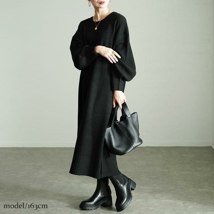 大きいサイズ レディース ボリュームスリーブニットワンピース　sada-6918 ブラック