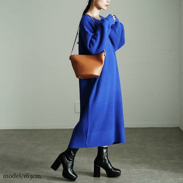 大きいサイズ レディース ボリュームスリーブニットワンピース　sada-6918 ブルー