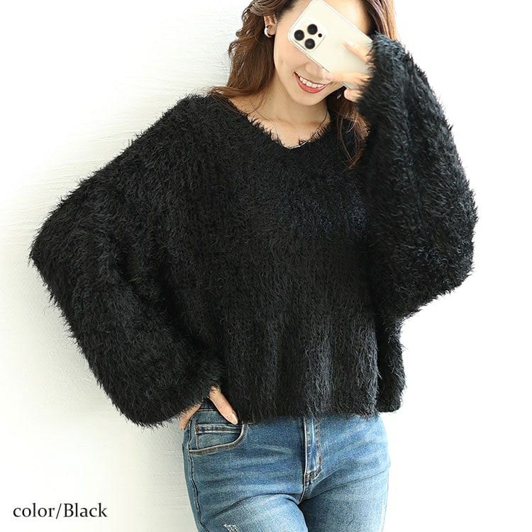 大きいサイズ レディース Vネッククロップドフェザーニット　sada-6917