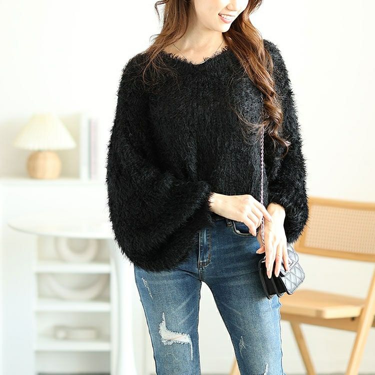 大きいサイズ レディース Vネッククロップドフェザーニット　sada-6917