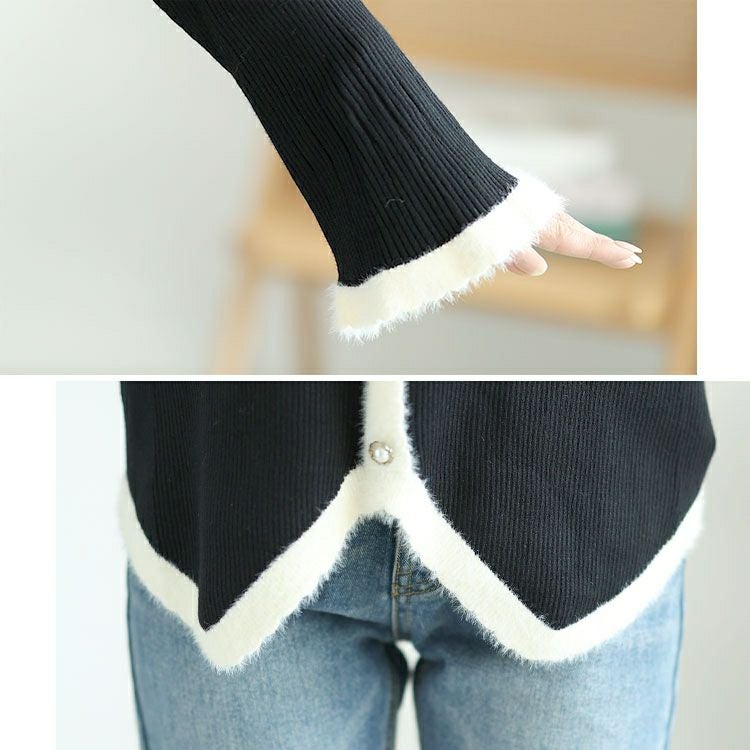 大きいサイズ レディース パールボタンバイカラーニットプルオーバー　goldy-1598